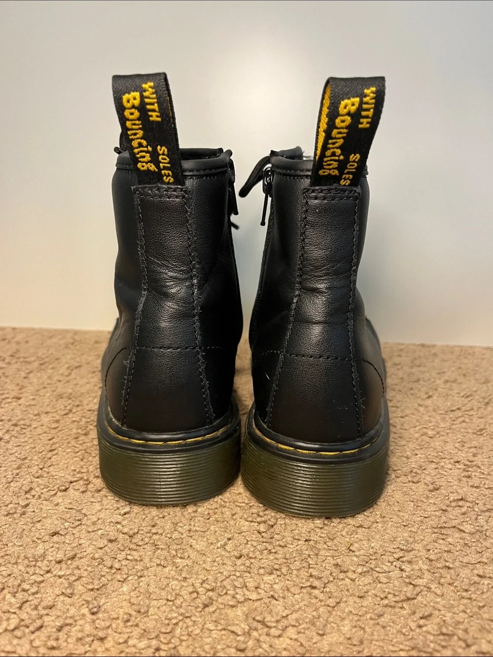 Dr. Martens Black Leather Lace-Up Combat Boots with Yellow Stitching